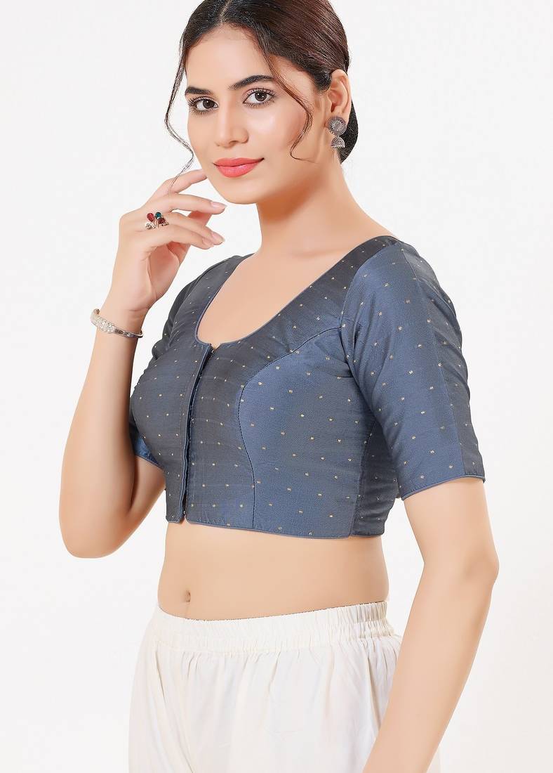Women's tafeta silk padded front open elbow sleeves saree blouse