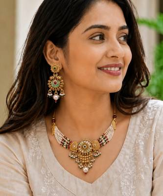 Gold plated jaipuri meenakari choker necklace set 5
