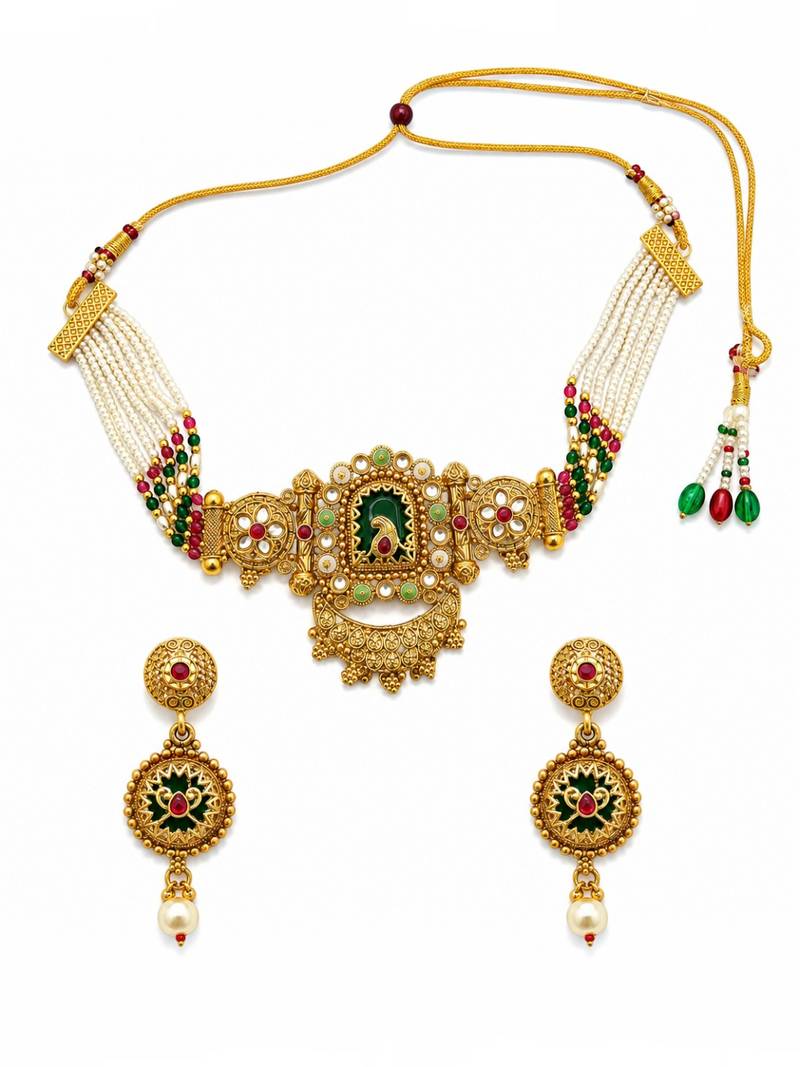 Gold plated rajwadi heritage choker necklace set