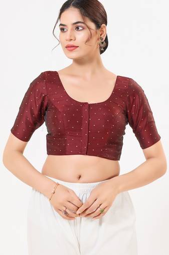 Women's tafeta silk padded front open elbow sleeves saree blouse