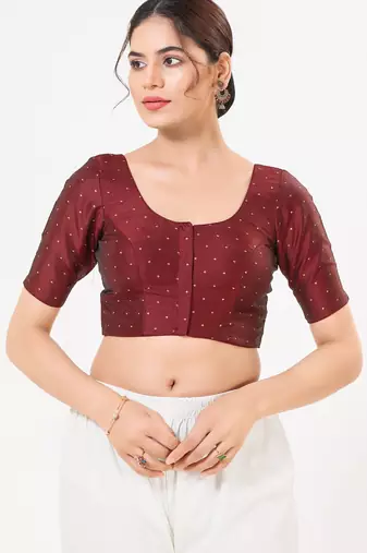 Women's tafeta silk padded front open elbow sleeves saree blouse