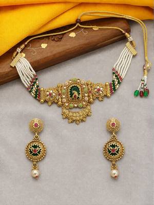 Gold plated rajwadi heritage choker necklace set 2