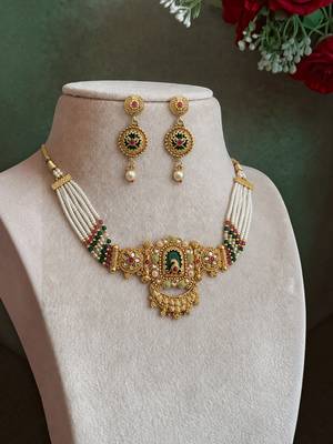 Gold plated rajwadi heritage choker necklace set 3