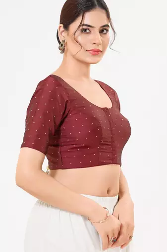 Women's tafeta silk padded front open elbow sleeves saree blouse