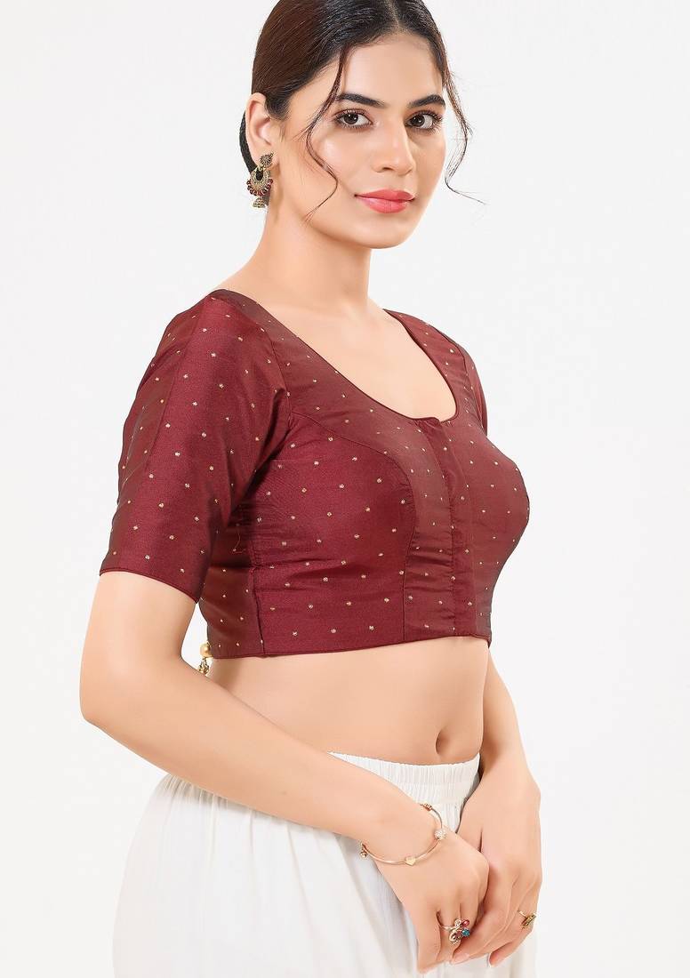 Women's tafeta silk padded front open elbow sleeves saree blouse