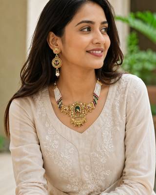 Gold plated rajwadi heritage choker necklace set 5