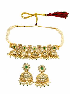 Gold tone floral meenakari cz choker necklace set 1