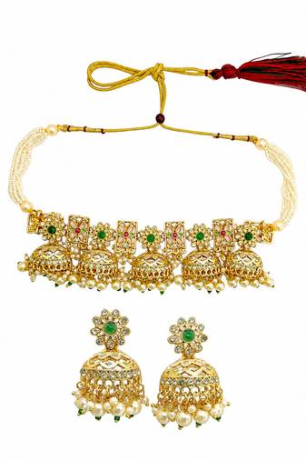 Gold tone floral meenakari cz choker necklace set