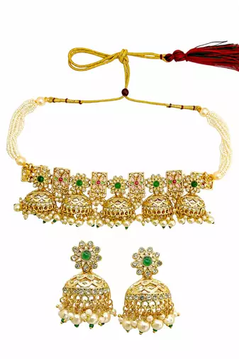 Gold tone floral meenakari cz choker necklace set
