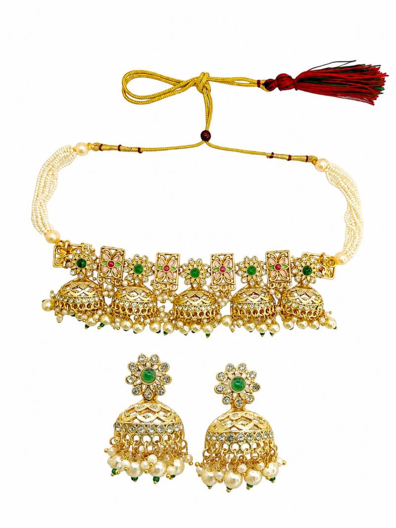 Gold tone floral meenakari cz choker necklace set