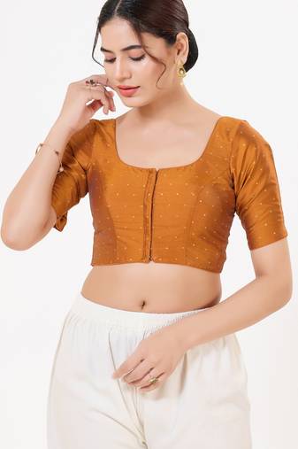 Women's tafeta silk padded front open elbow sleeves saree blouse