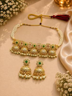 Gold tone floral meenakari cz choker necklace set 2