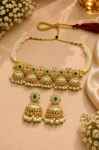 Gold tone floral meenakari cz choker necklace set