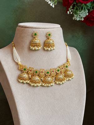 Gold tone floral meenakari cz choker necklace set 4