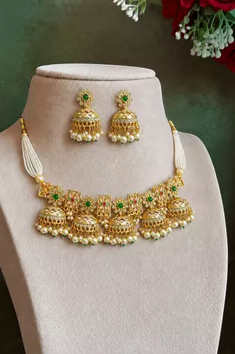 Gold tone floral meenakari cz choker necklace set