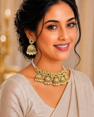 Gold tone floral meenakari cz choker necklace set 5