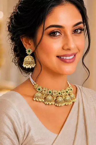 Gold tone floral meenakari cz choker necklace set