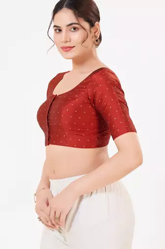 Women's tafeta silk padded front open elbow sleeves saree blouse