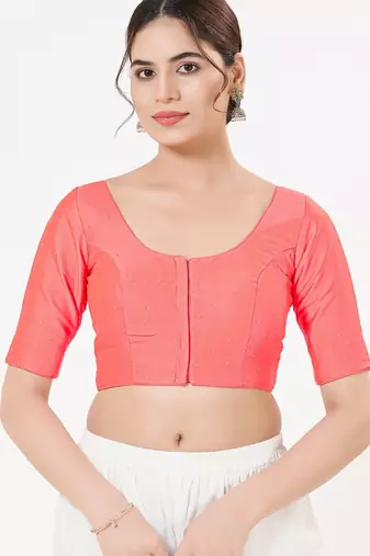 Women's tafeta silk padded front open elbow sleeves saree blouse
