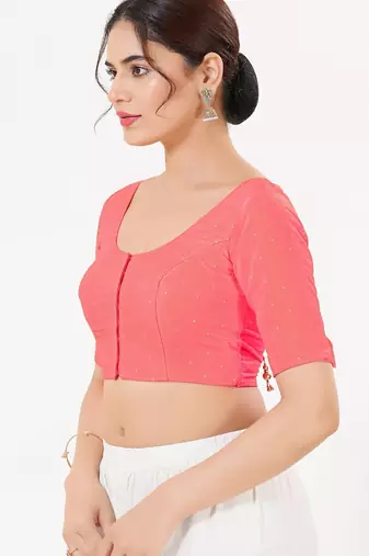 Women's tafeta silk padded front open elbow sleeves saree blouse