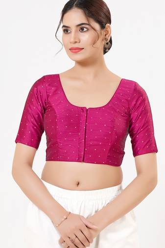 Women's tafeta silk padded front open elbow sleeves saree blouse