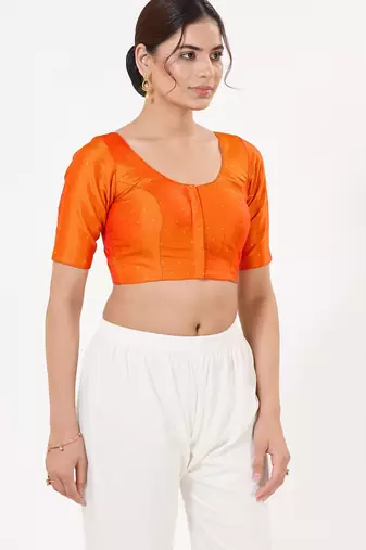 Women's tafeta silk padded front open elbow sleeves saree blouse