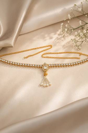 Gold plated cz teardrop design adjustable kamarbandh waist belt