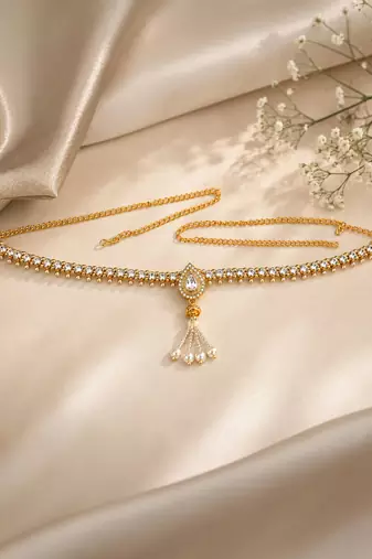 Gold plated cz teardrop design adjustable kamarbandh waist belt