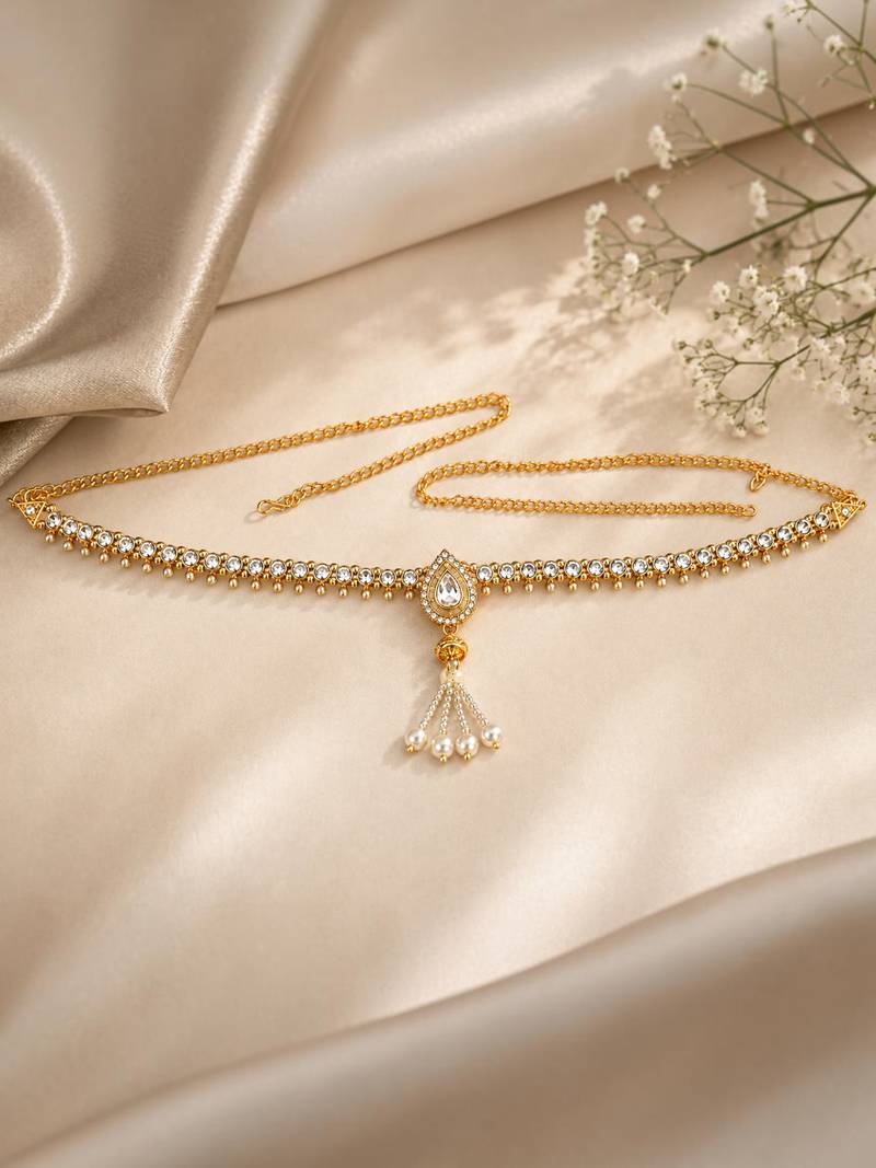 Gold plated cz teardrop design adjustable kamarbandh waist belt