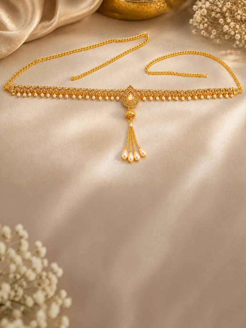 Gold plated cz teardrop design adjustable kamarbandh waist belt