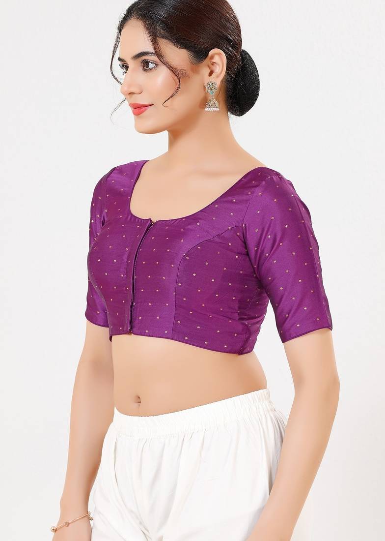 Women's tafeta silk padded front open elbow sleeves saree blouse