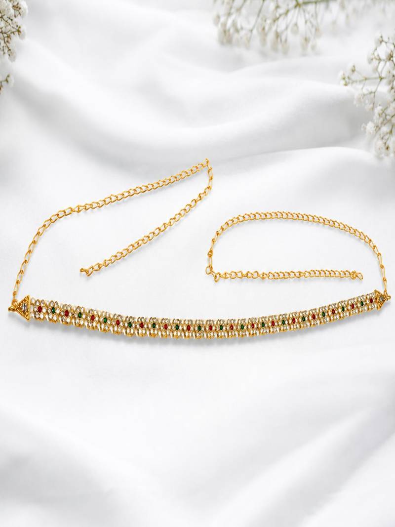 Gold plated cz floral adjustable kamarbandh waist belt