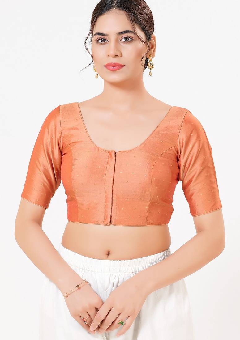 Women's tafeta silk padded front open elbow sleeves saree blouse