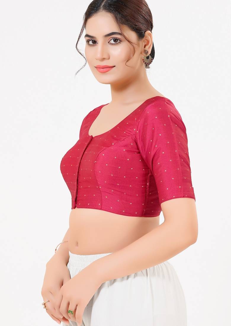 Women's tafeta silk padded front open elbow sleeves saree blouse