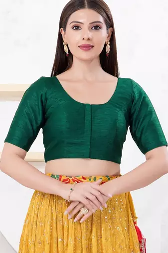 Women's dupion silk padded front open elbow sleeves saree blouse