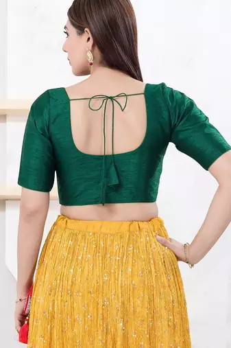 Women's dupion silk padded front open elbow sleeves saree blouse