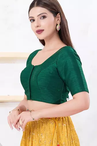 Women's dupion silk padded front open elbow sleeves saree blouse
