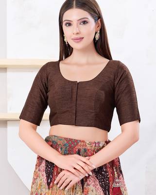 Women's dupion silk padded front open elbow sleeves saree blouse 1