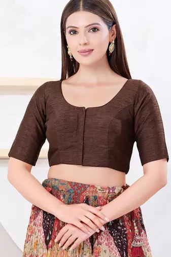 Women's dupion silk padded front open elbow sleeves saree blouse
