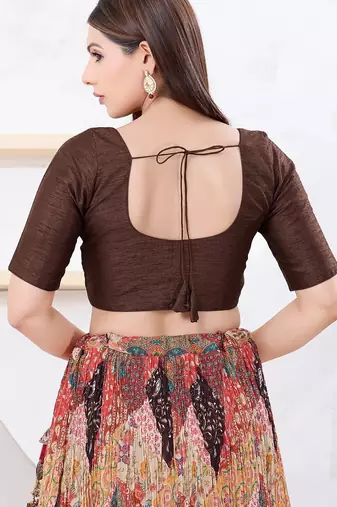 Women's dupion silk padded front open elbow sleeves saree blouse