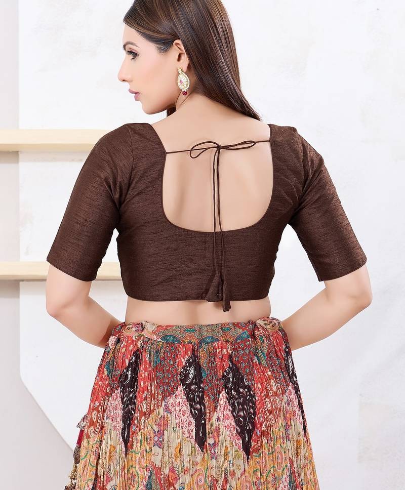 Women's dupion silk padded front open elbow sleeves saree blouse