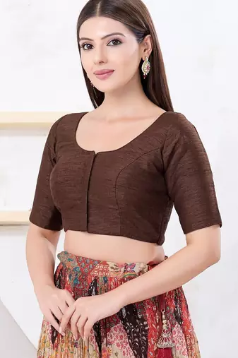 Women's dupion silk padded front open elbow sleeves saree blouse