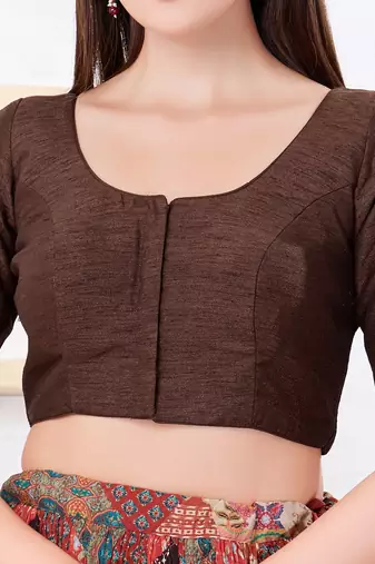 Women's dupion silk padded front open elbow sleeves saree blouse