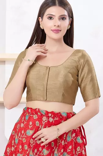 Women's dupion silk padded front open elbow sleeves saree blouse