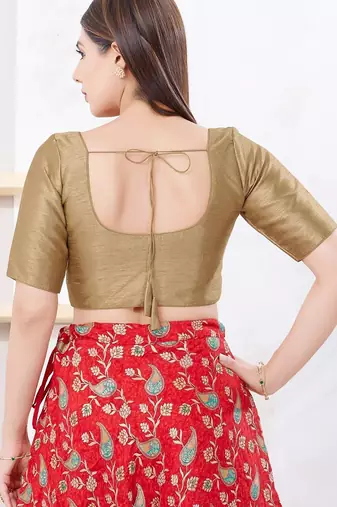 Women's dupion silk padded front open elbow sleeves saree blouse