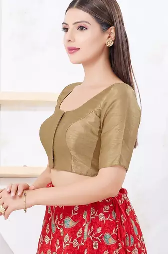 Women's dupion silk padded front open elbow sleeves saree blouse