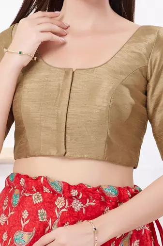 Women's dupion silk padded front open elbow sleeves saree blouse