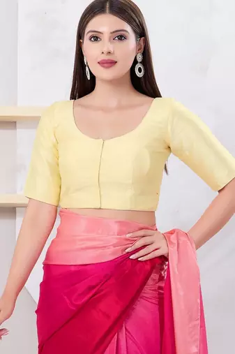 Women's dupion silk padded front open elbow sleeves saree blouse