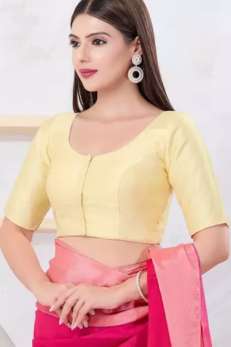 Women's dupion silk padded front open elbow sleeves saree blouse