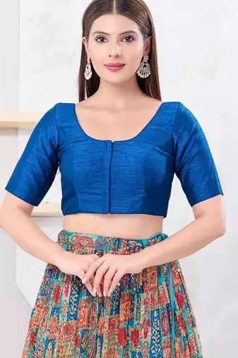 Women's dupion silk padded front open elbow sleeves saree blouse